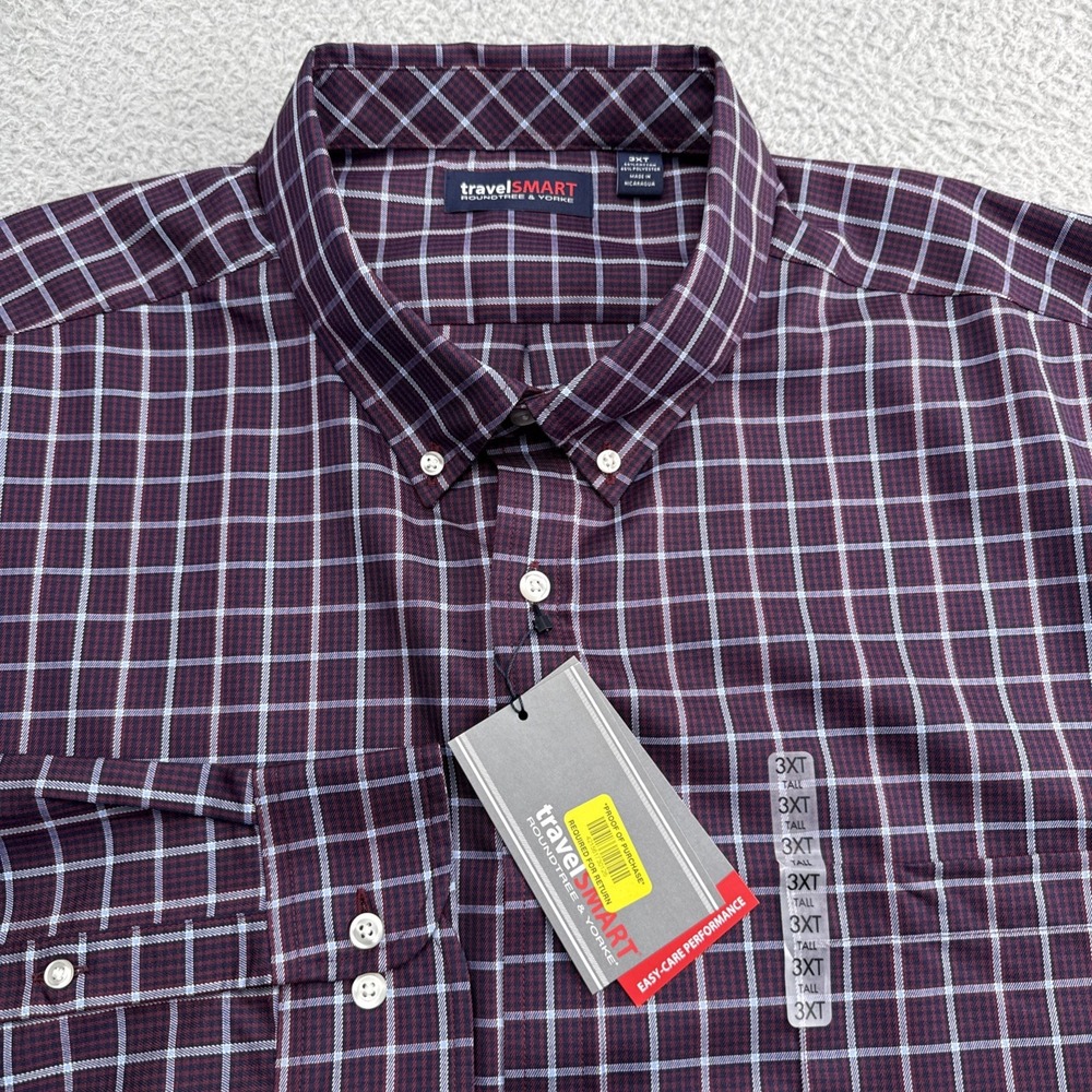 Roundtree & Yorke Shirt Mens 3XLT Maroon New travelSMART Plaid Button Down